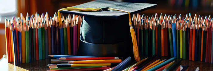 AI Generated - Graduation cap sitting atop a wooden table, surrounded by a variety of colored pencils. Commercial illustration artwork for business applications. High-resolution. Premium quality.