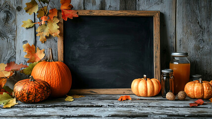 AI Generated - Pumpkins and autumn leaves on a wooden table with a blackboard in the background. Commercial illustration artwork for business applications. High-resolution. Premium quality. -