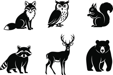 PrintForest animal vector set, black and white silhouettes, fox, owl, bear, deer, raccoon, squirrel, woodland wildlife icons, nature clipart illustration