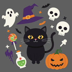 Black cat with Halloween pumpkin, ghost, witch hat, skulls, bats, potion bottle, and candy lollipop festive vector illustration 