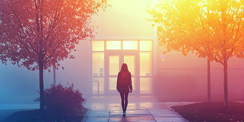 AI Generated - Woman walking down a sidewalk in front of a building with glass doors and windows, surrounded by trees and plants on either side. Commercial illustration artwork for business.