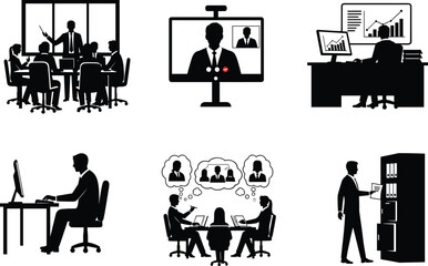PrintOffice Work Vector Illustration Set, Business Meeting Silhouettes, Remote Collaboration Scenes, Data Analysis Graphics, Team Brainstorming Icons, Administrative Task Concept Art