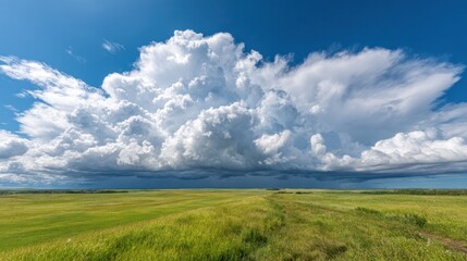 Obraz premium Dramatic Sky Over The Grassy Field: An expansive panoramic shot capturing a vast field of vibrant green grass under a dramatic sky filled with towering, fluffy white cloud formations.
