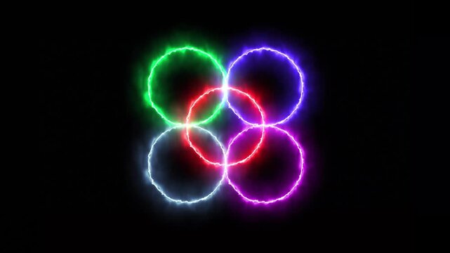 Four Colorful Interlocking Neon Rings Displaying Red Green Blue and Purple Hues abstract background
