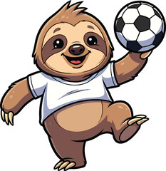 Cheerful cartoon sloth wearing a t-shirt raising a soccer ball for playful fun