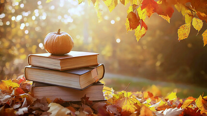 AI Generated - Stack of books with a pumpkin on top of them, surrounded by autumn leaves. Commercial illustration artwork for business applications. High-resolution. Premium quality. Professional.