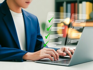 Person completing checklist on digital interface task completion