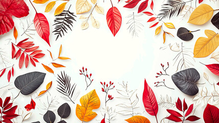 AI Generated - White background with a variety of autumn leaves in different shades of red, orange, yellow, and black, creating a vibrant and eye-catching display. Commercial illustration artwork.