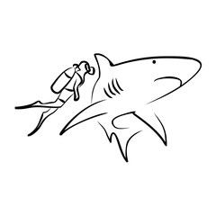 Fototapeta premium Diver swims alongside a shark in a minimalist outline illustration representing adventure and the deep sea