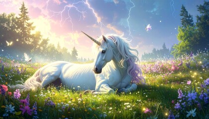 A gentle unicorn with pastel rainbow colored mane, resting in a meadow, tiny fairies dance around its mane, glowing orbs of light floating in the air, thunderstorm at dawn, dreamy fantasy storybook