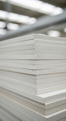 Obraz premium Close-up of stacked, off-white rectangular panels, showing textured surface detail. Illustrates building material, industrial storage, or construction concept