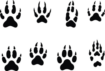 PrintWild animal paw print vector set, includes various black silhouette tracks of forest animals for nature, hunting, and wildlife design