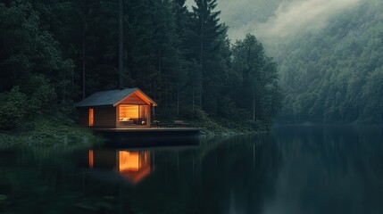 Fototapeta premium A serene cabin by a misty lake, surrounded by lush trees, reflecting warm light on the water's surface, creating a peaceful atmosphere.