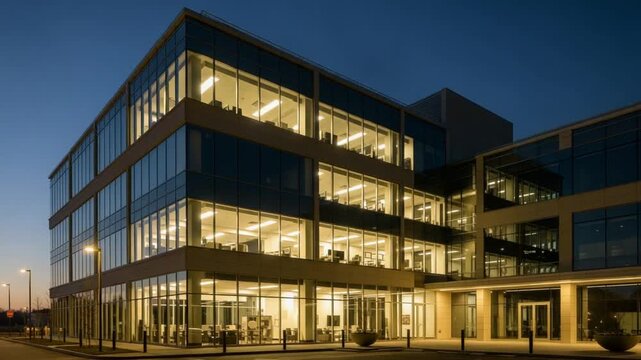 Modern Office Building Exterior at Night with Illuminated Windows Urban Landscape and Contemporary Architectural Design