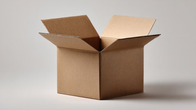 Cardboard Box Reveal: An open cardboard box, ready to receive or reveal its contents, showcasing its classic form and simple, natural design.