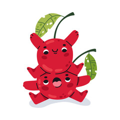 Cartoon cherry mascots. Cheerful cherry characters with various emotions, funny cherry berries flat vector illustration. Comic cherries with cute faces on white