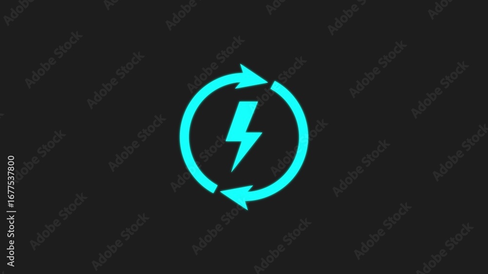 Poster bright turquoise lightning bolt symbol enclosed by a circular arrow loop on a dark black background