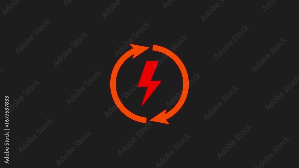 Poster bright red lightning bolt inside a circular arrow symbol on a dark background representing energy an