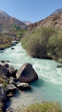 Mountain river in Fann mountains Pamir Alay range in Tajikistan