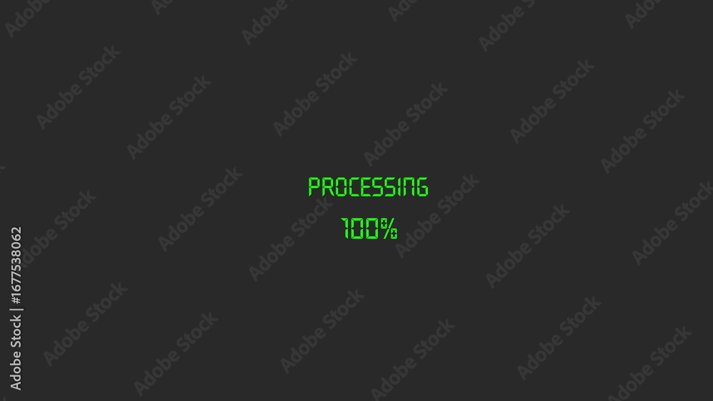 Poster green digital processing bar with text indicating completion at one hundred percent on a dark backgr