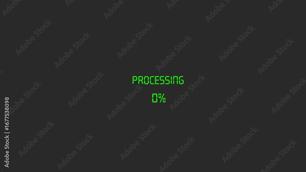 Poster green glowing text on a dark background with the word processing and a loading bar indicating progre