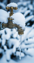 Brass faucet covered in snow, with an icicle forming from its spout, set against a blurred snowy background, conveying winter chill and natural processes