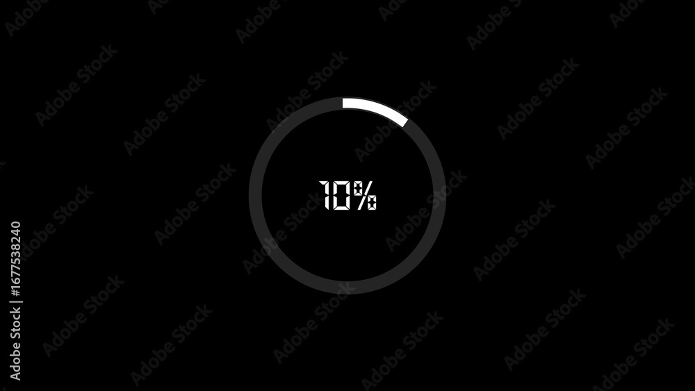 Poster modern minimalist circular loading indicator with ten percent progress on a dark black background