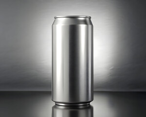 Silver aluminum can glistening under studio lights, minimalist modern design with metallic reflections and industrial chic