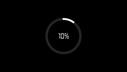 Modern minimalist circular loading indicator with ten percent progress on a dark black background