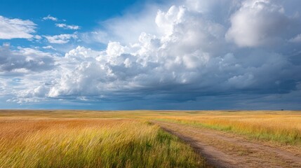 Obraz premium Golden Plains and Majestic Clouds: A stunning landscape showcasing endless fields of golden grass beneath a vast sky adorned with dramatic, billowing clouds, evoking a sense of freedom and adventure.