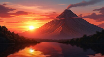 Majestic volcano erupting at sunset with vibrant sky and calm lake reflecting the fiery colors.