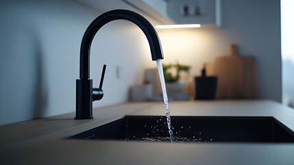 A modern black faucet pouring water into a dark sink in a bright kitchen