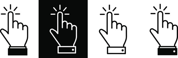 Touch interaction icons with pointing hand and radiating lines, black vector design for UI, tap gestures, and digital activation
