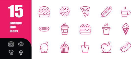 Fast Food Editable Line Icons Pack