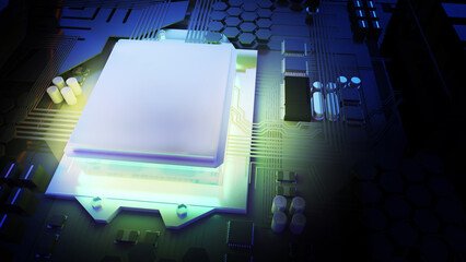 Image of the central processing unit,working processing technology,computer technology in the workplace,Conceptual CPU on circuit board,3d rendering