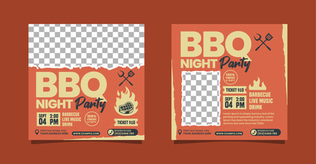 Social media post template design set for BBQ Night Party. Orange background with yellow shape and illustration. Suitable for Invitation, social media, flyers or poster and banners.