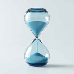 A translucent light-blue hourglass, filled with sand, highlights the passage of time against a neutral background.