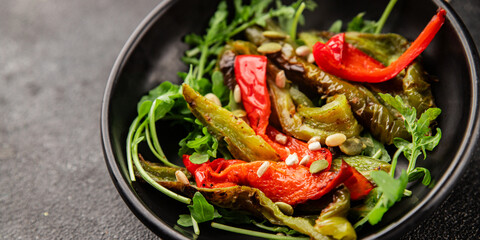 Grilled pepper salad roasted vegetables bbq meal tasty snack fresh delicious gourmet food background on the table rustic food top view copy space keto and paleo diet vegan and vegan food