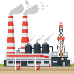 Industrial factory with red and white chimneys releasing smoke and fuel pumps in flat vector style illustration 