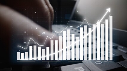 A close-up view of hands on a keyboard illustrates data analytics and financial growth. The overlay graph highlights upward trends for business strategy success. Copula