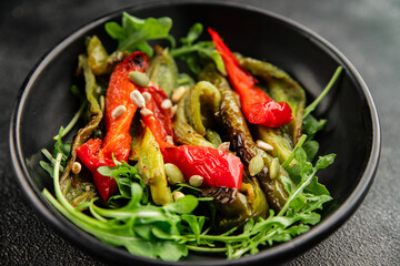 Grilled pepper salad roasted vegetables bbq meal tasty snack fresh delicious gourmet food background on the table rustic food top view copy space keto and paleo diet vegan and vegan food