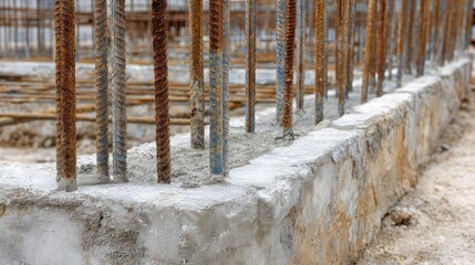Building Foundation Infrastructure: A close-up view showcases the intricate detail of steel reinforcement bars embedded within a concrete foundation.
