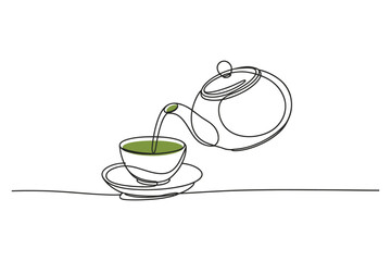 Continuous Line Drawing of an cup of tea and teapot