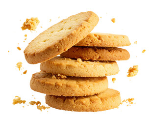 Stacked Shortbread Cookies with Crumbs Falling, Isolated on Transparent Background