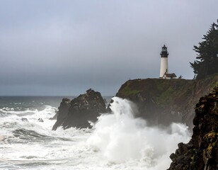 Dramatic coastal scene with lighthouse