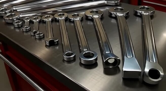 A collection of gleaming chrome wrenches neatly arranged on a metallic surface, showcasing a variety of sizes.