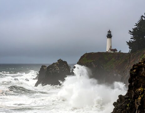 Dramatic coastal scene with lighthouse - Powered by Adobe