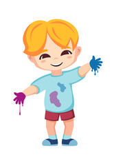 happy kid drawing. artistic painting hobby, cute funny boy with colorful aquarelle paint tube. vector cartoon character.