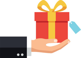 Hand holding red gift box with yellow ribbon and blue price tag flat vector illustration for celebration or present giving purposes