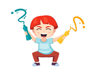 happy kid drawing. cute funny boy with colorful aquarelle paint tube, artistic painting hobby. vector cartoon character.